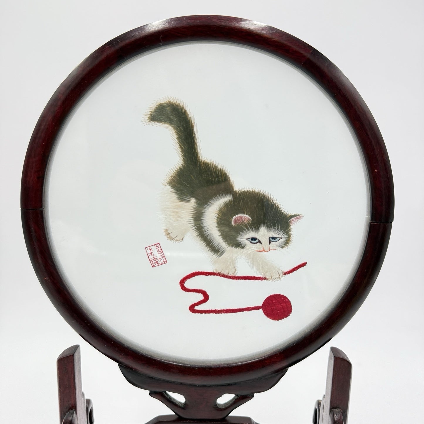 Chinese Double Sided Silk Embroidery Cat Playful Kitten Art Wooden Frame 13”