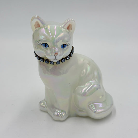 Fenton Art Glass Iridescent Blue Necklace Cat Figurine