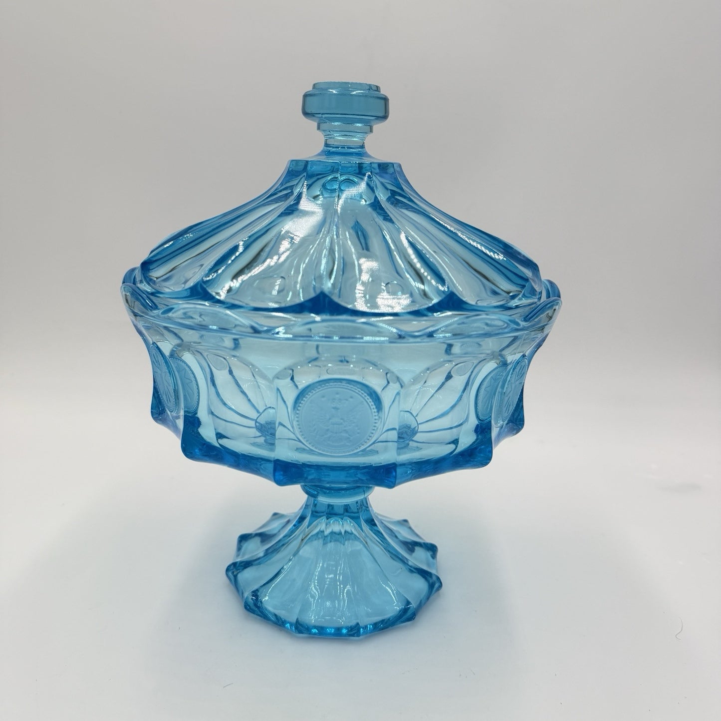 MCM Fostoria Coin Ice Blue Large Pedestal Compote w/Lid RARE 10"Art Glass