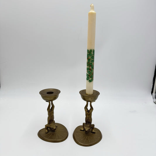 Vintage Pair of Acrobatic Frog Brass Candlesticks Solid Patina Leaf Base 5.5” H