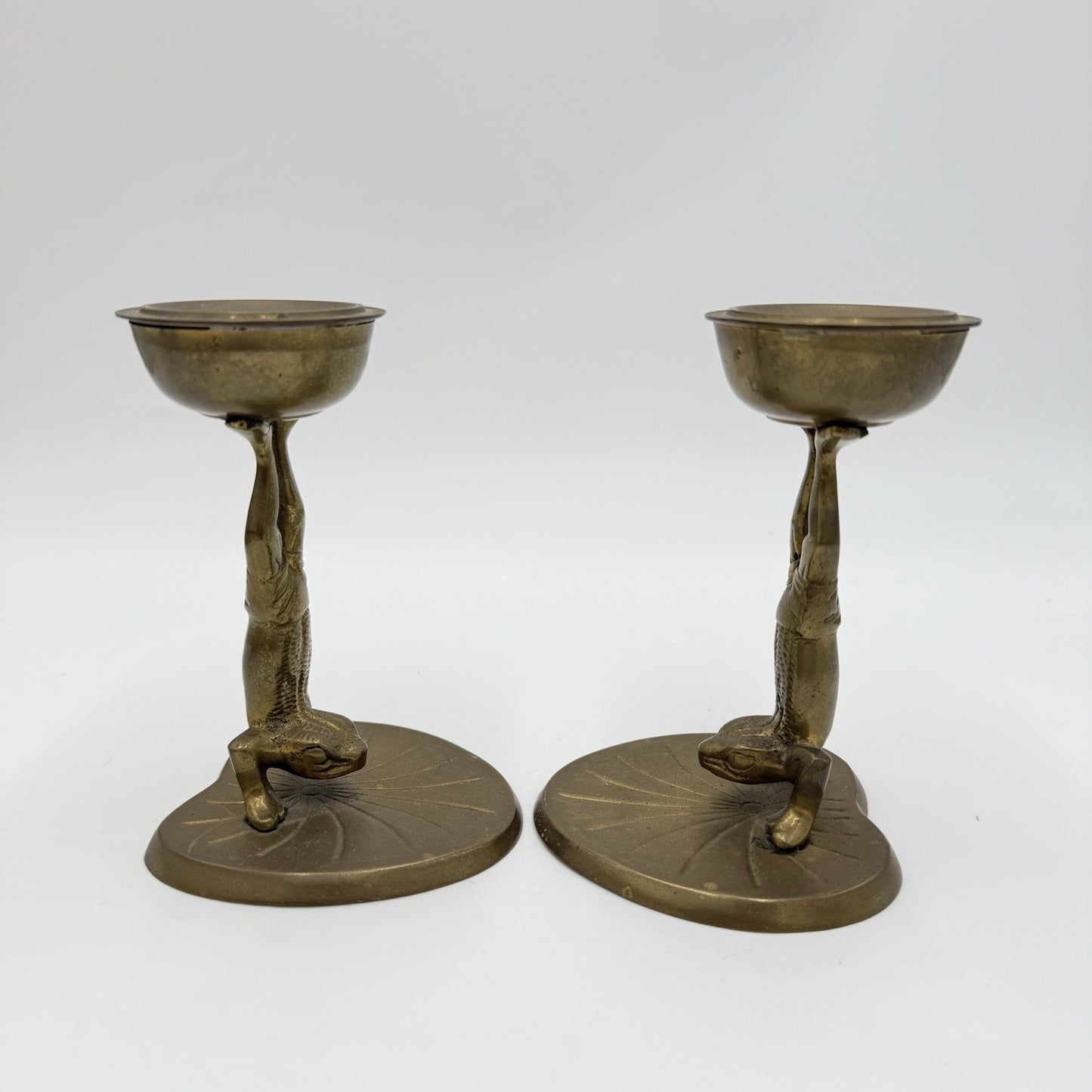 Vintage Pair of Acrobatic Frog Brass Candlesticks Solid Patina Leaf Base 5.5” H