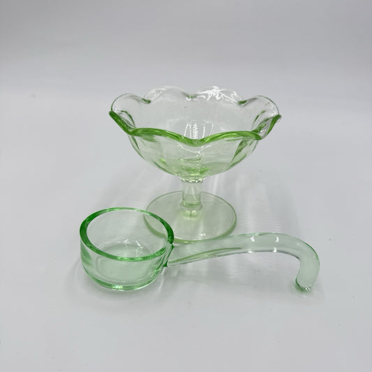 Vintage Uranium Glass Green Glowing Sherbet Cup Glass 3" MCM Retro Heisey Spoon