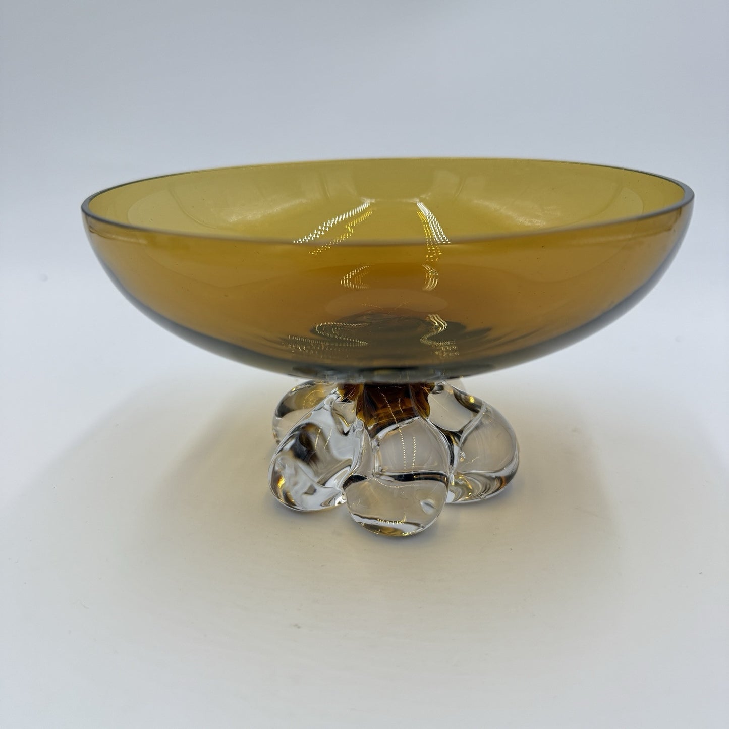 Vintage Steuben Art Glass Amber Crystal Swirl Base Footed Pedestal Bowl 3.5”Hx6”