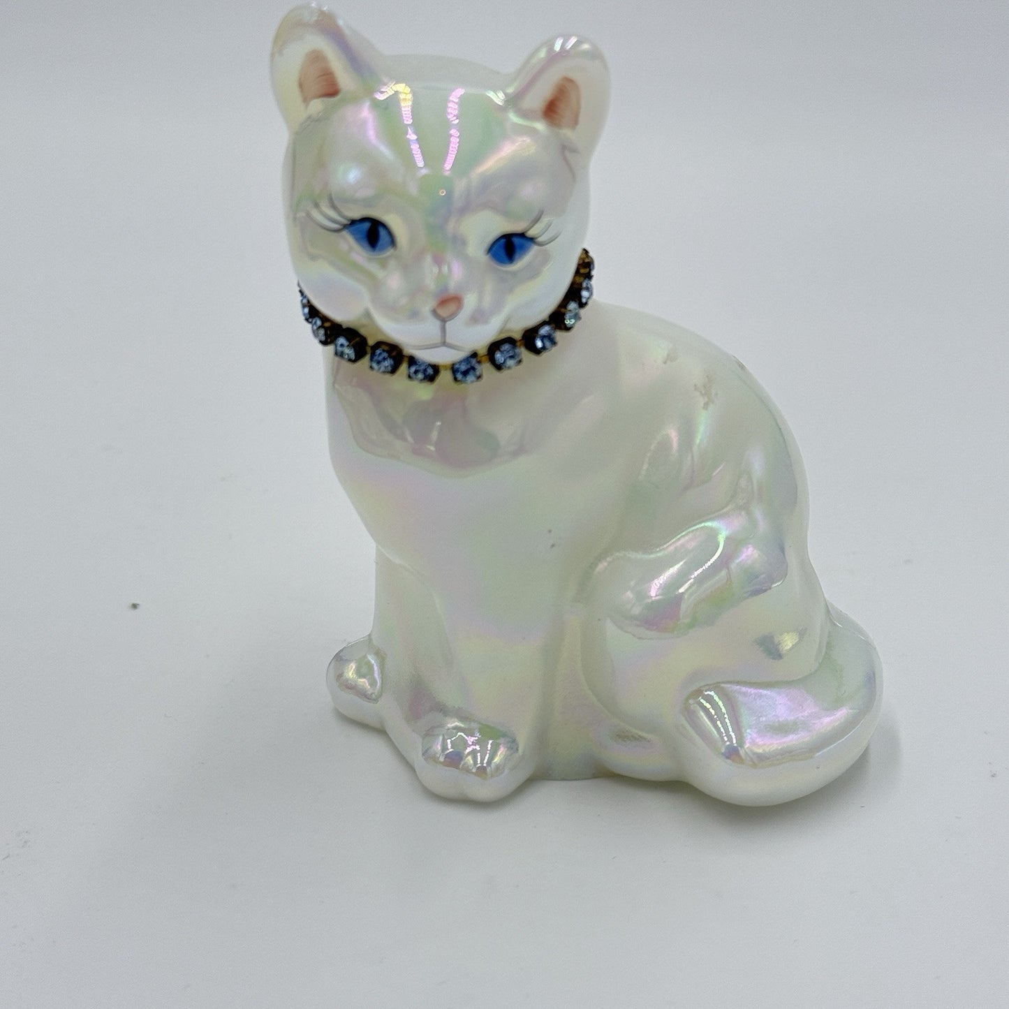 Fenton Art Glass Iridescent Blue Necklace Cat Figurine