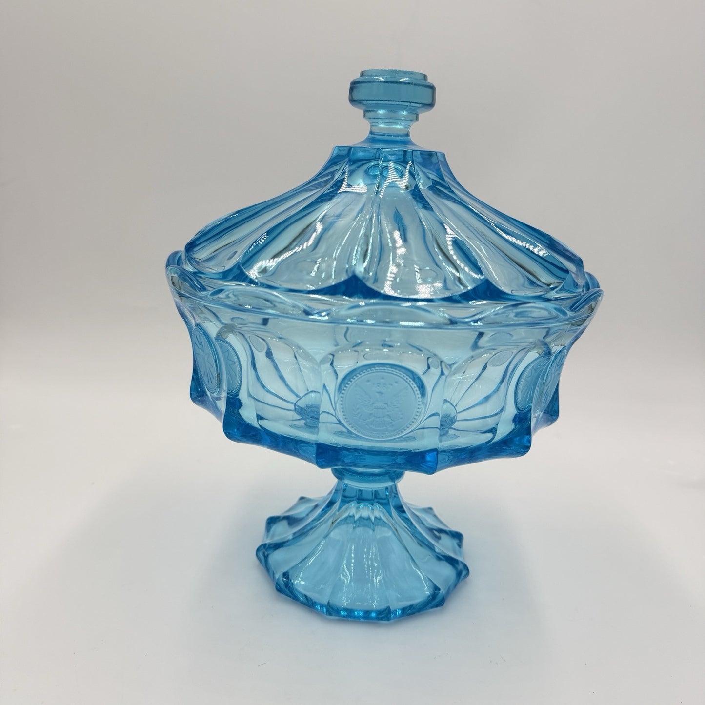 MCM Fostoria Coin Ice Blue Large Pedestal Compote w/Lid RARE 10"Art Glass