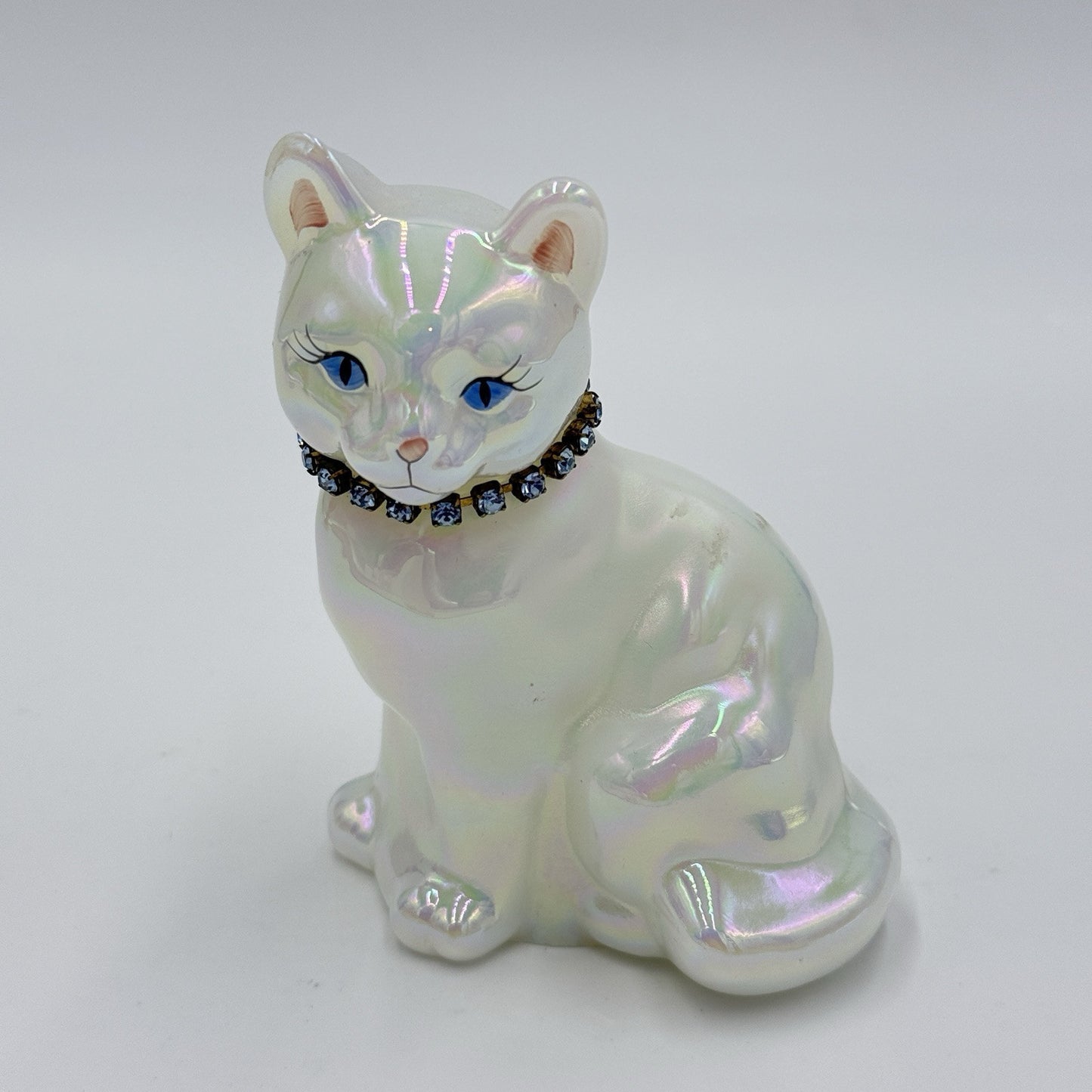 Fenton Art Glass Iridescent Blue Necklace Cat Figurine