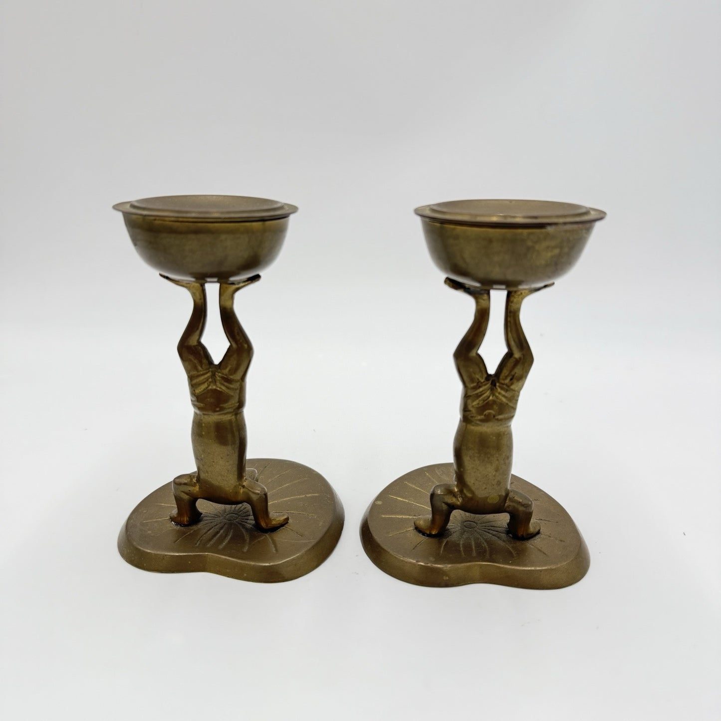 Vintage Pair of Acrobatic Frog Brass Candlesticks Solid Patina Leaf Base 5.5” H