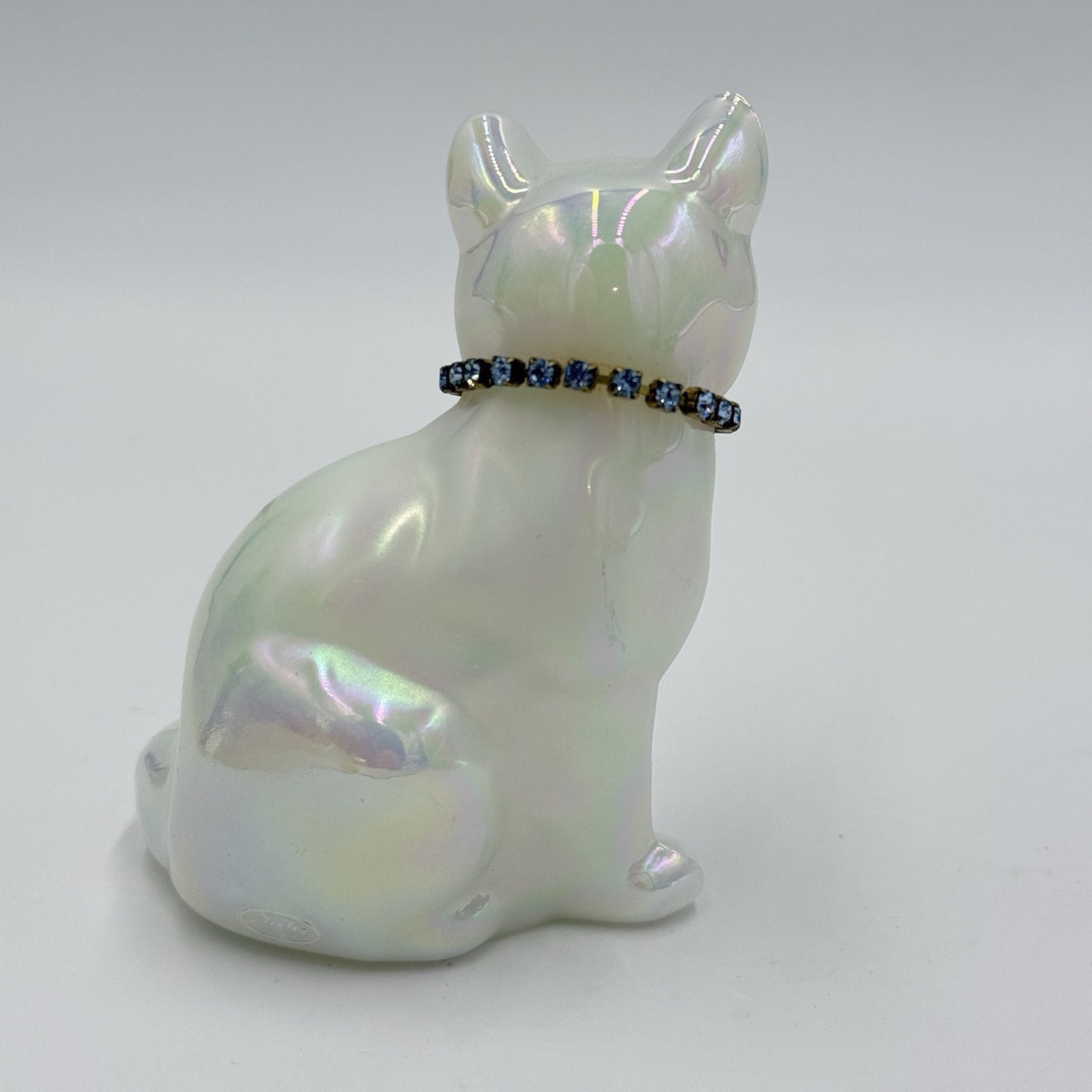 Fenton Art Glass Iridescent Blue Necklace Cat Figurine