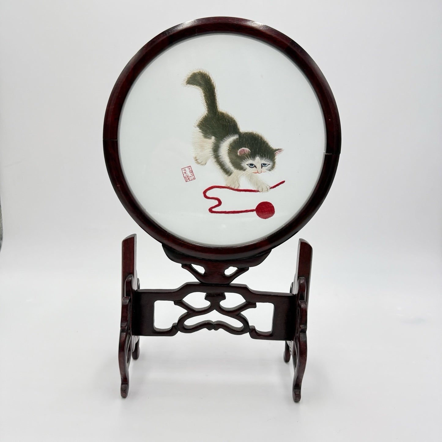 Chinese Double Sided Silk Embroidery Cat Playful Kitten Art Wooden Frame 13”