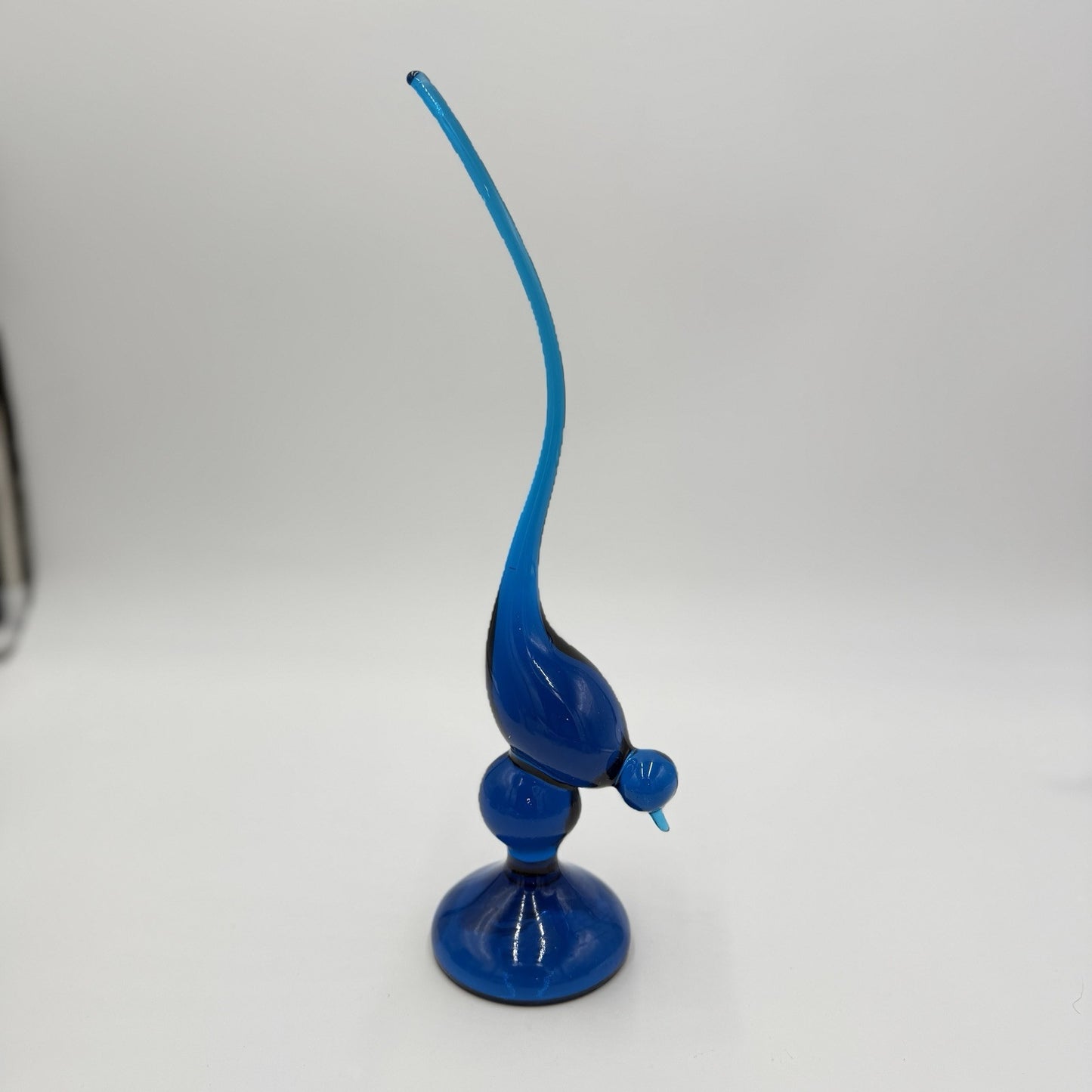 Vintage MCM Viking Art Glass Blue Long Tail Bird Figurine 12.5” Mint