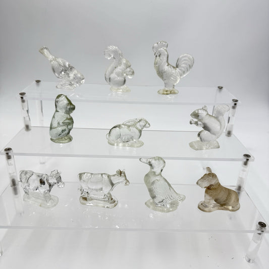 Vintage L.E. Smith Miniature Shadow Box Animals 10 Clear Glass Figurines