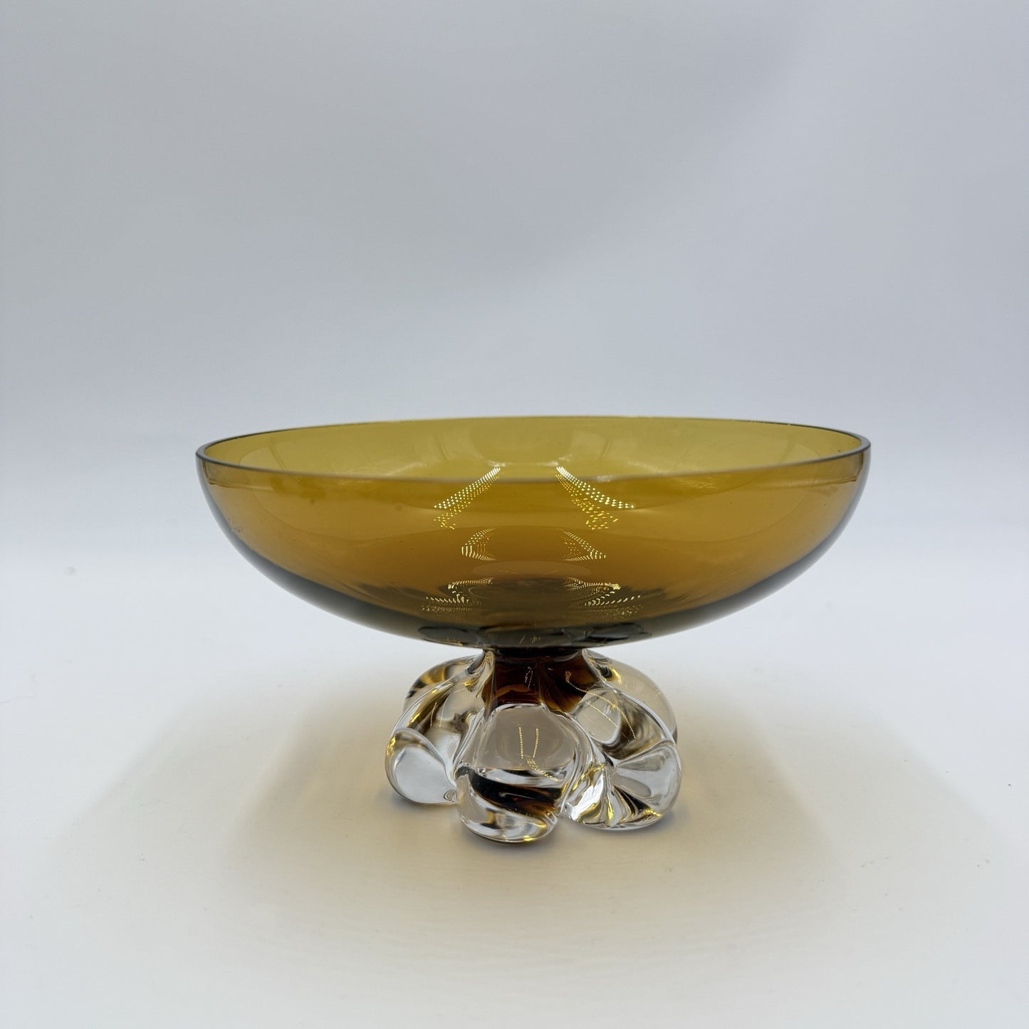 Vintage Steuben Art Glass Amber Crystal Swirl Base Footed Pedestal Bowl 3.5”Hx6”