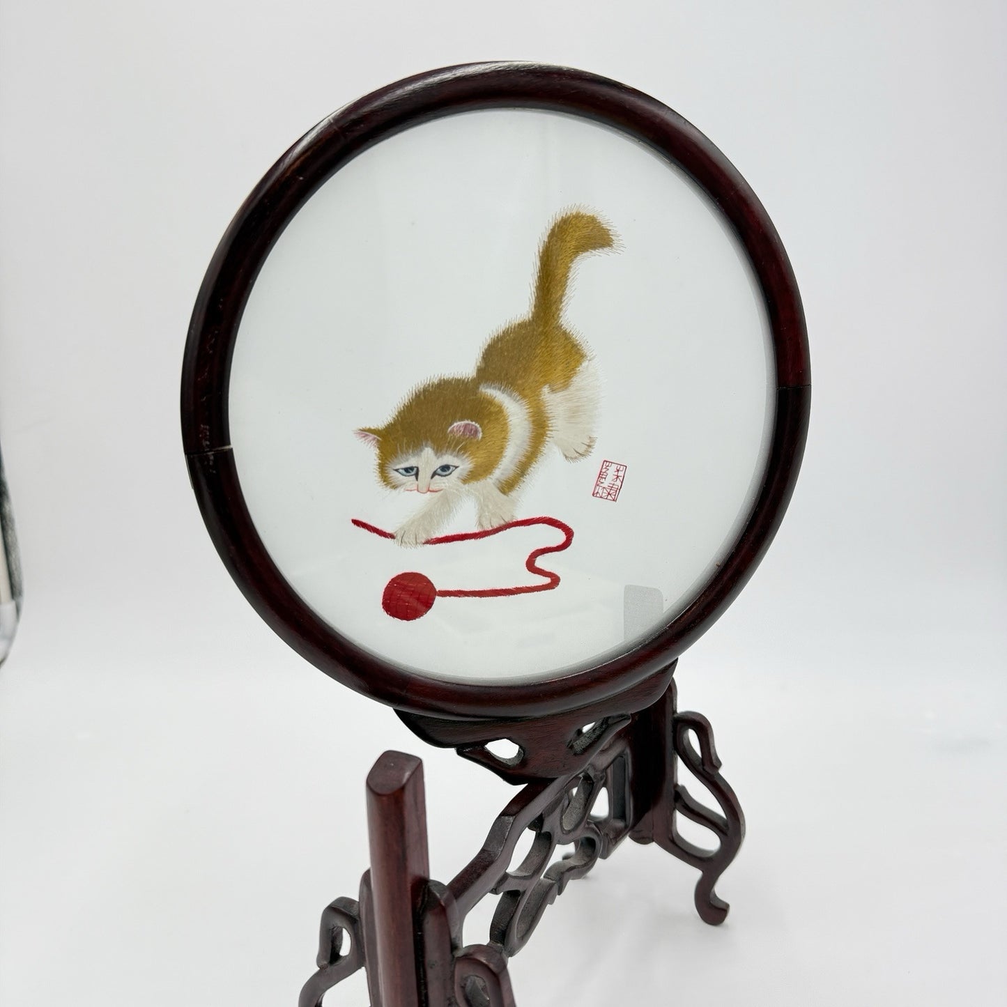 Chinese Double Sided Silk Embroidery Cat Playful Kitten Art Wooden Frame 13”