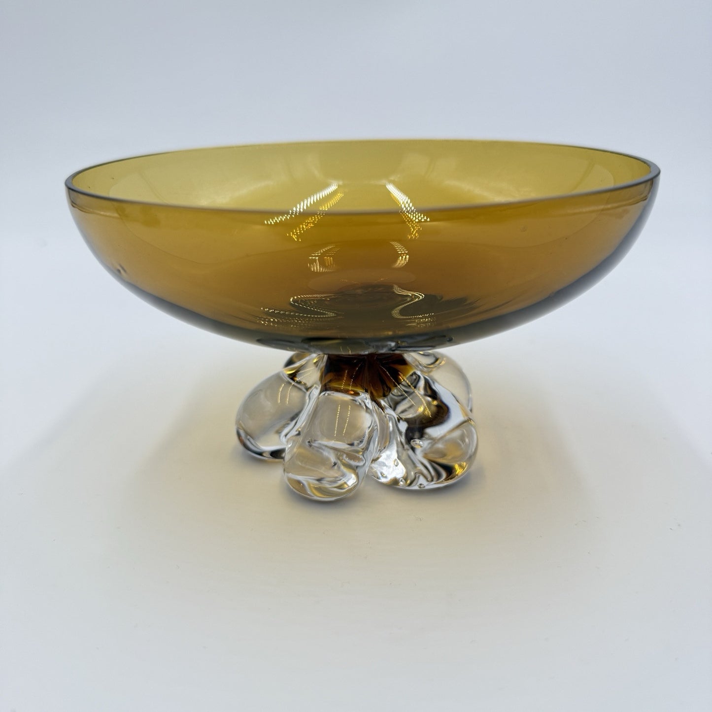 Vintage Steuben Art Glass Amber Crystal Swirl Base Footed Pedestal Bowl 3.5”Hx6”