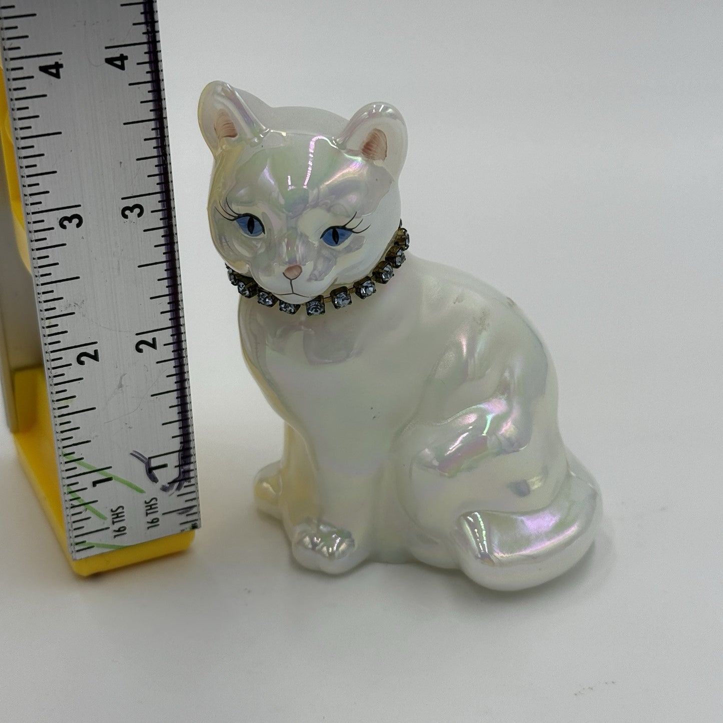 Fenton Art Glass Iridescent Blue Necklace Cat Figurine