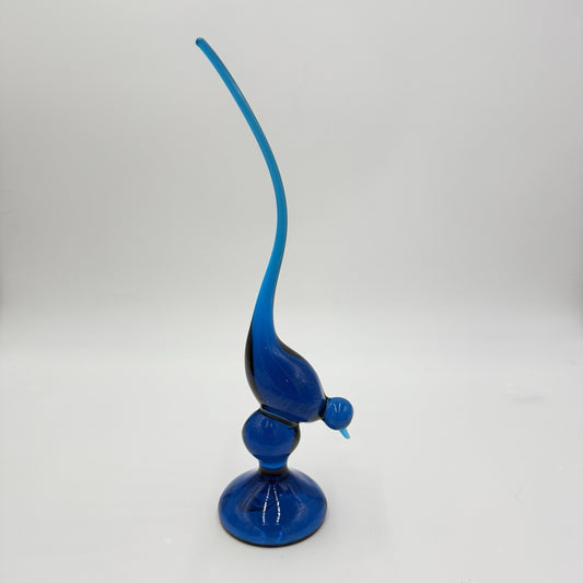 Vintage MCM Viking Art Glass Blue Long Tail Bird Figurine 12.5” Mint