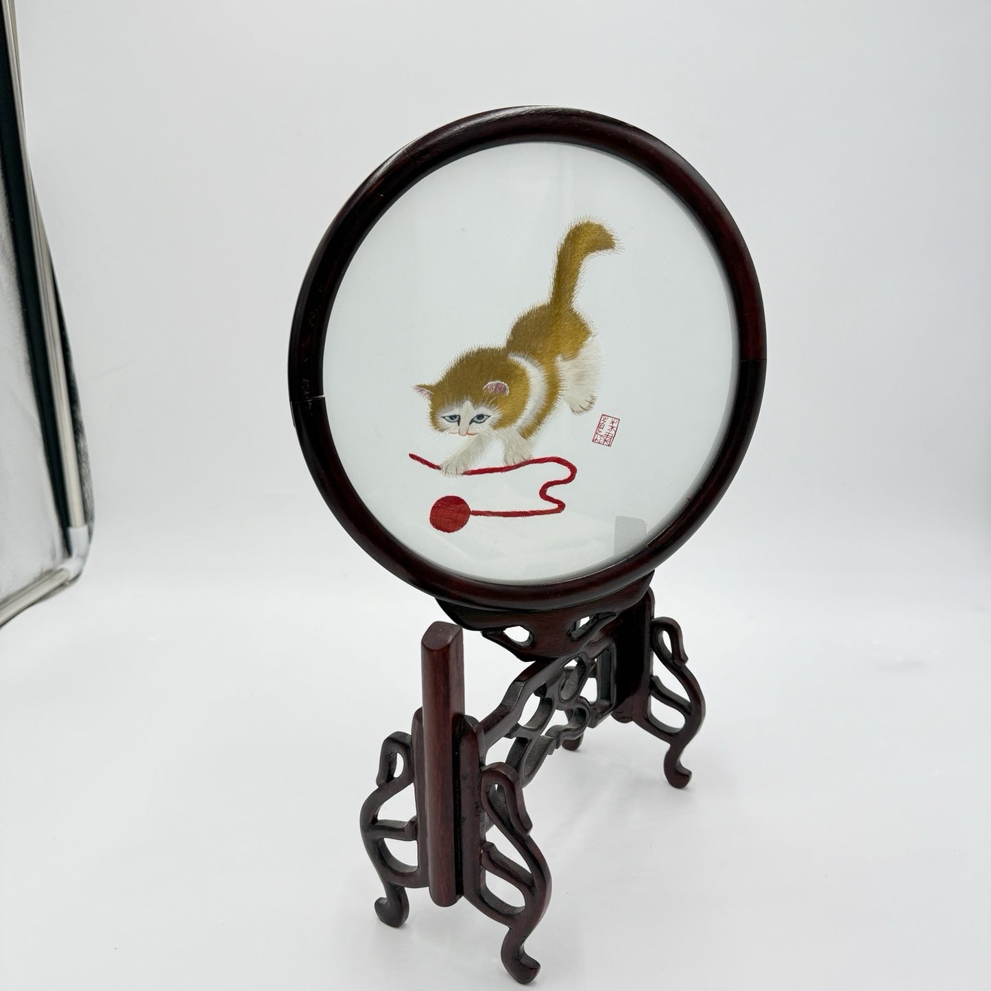 Chinese Double Sided Silk Embroidery Cat Playful Kitten Art Wooden Frame 13”