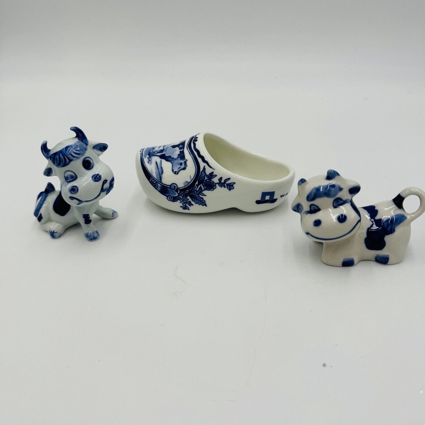 Royal Delft White & Blue Miniatures Cows Dutch Shoe Porcelain