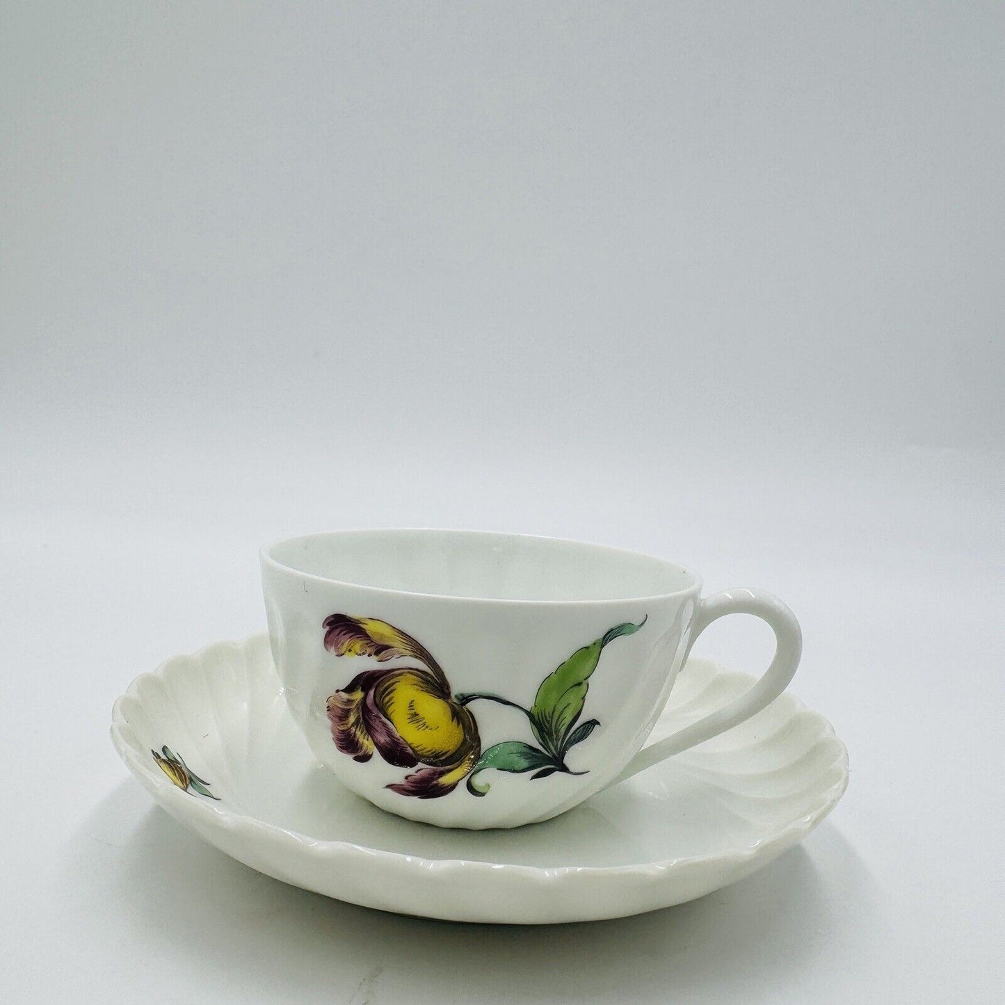 Antique Nymphenburg Porcelain Germany Welle Ribbed Teacup & Saucer 1632 Floral