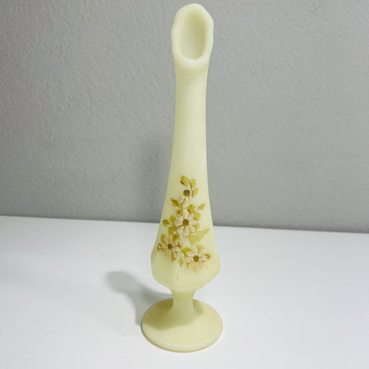 Fenton Bud Vase Floral Signed Custard Satin Flowers Vintage 9" Uranium ￼glows