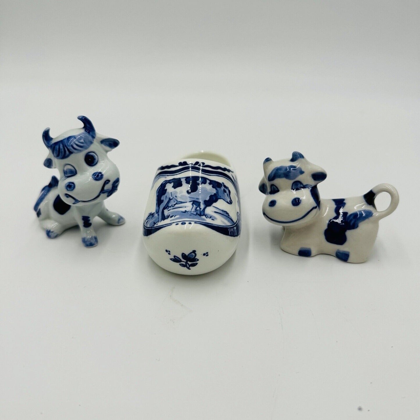 Royal Delft White & Blue Miniatures Cows Dutch Shoe Porcelain