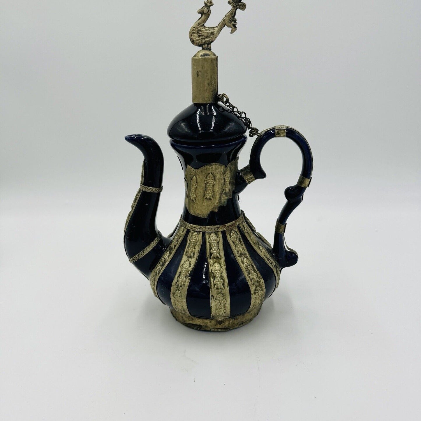 Antique Chinese Blue Cobalt Ornate Brass Design Teapot Porcelain