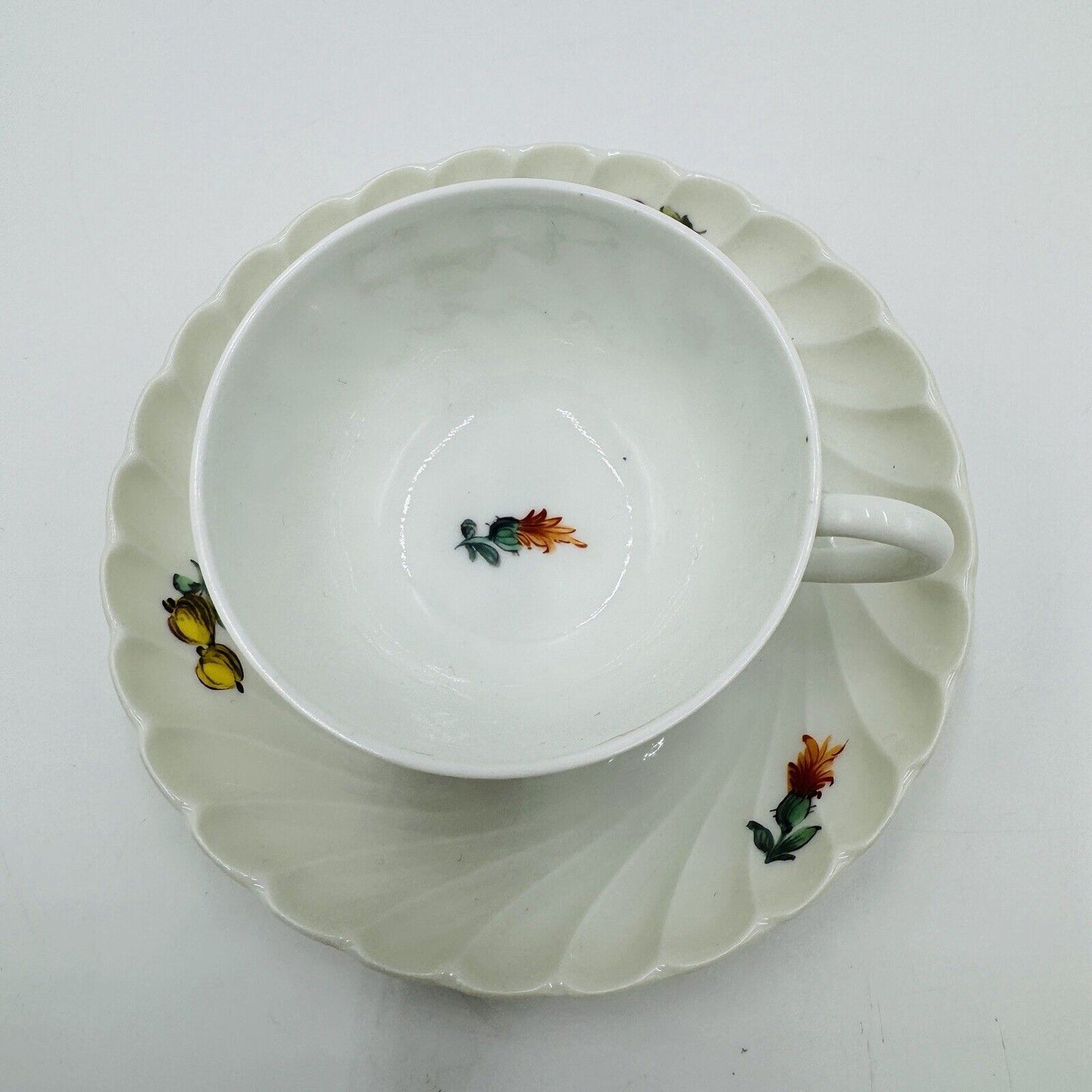 Antique Nymphenburg Porcelain Germany Welle Ribbed Teacup & Saucer 1632 Floral