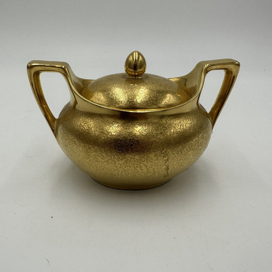 Reinhold Schlegelmilch Sugar Bowl Germany 24K Gold Gilt Etch Pattern Serveware