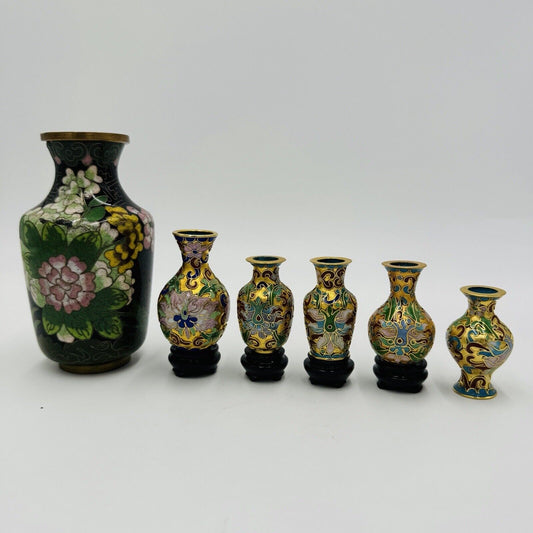 Vintage Cloisonné Enamel Mini Vases Set 6 Pieces Floral