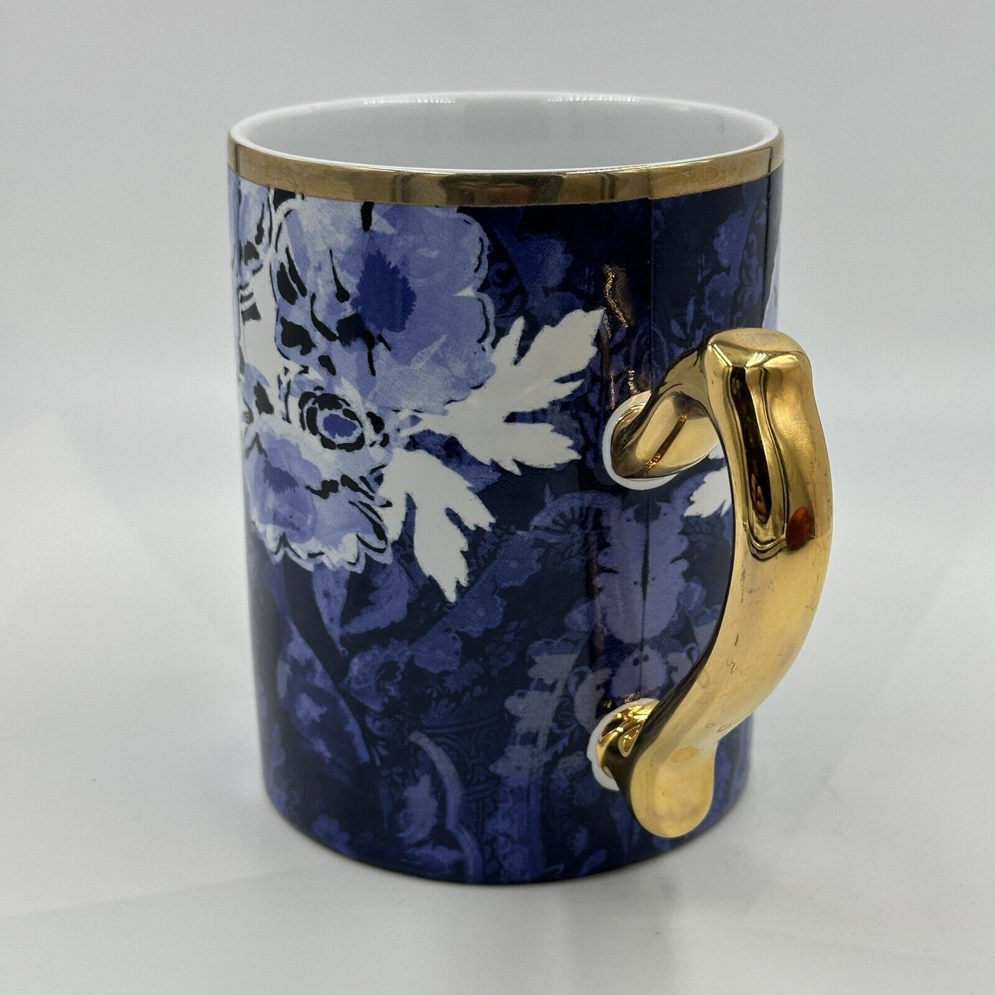 Hallmark Patina Vie Mug Blue and White Flower Gold Handle Cup Serveware Decor