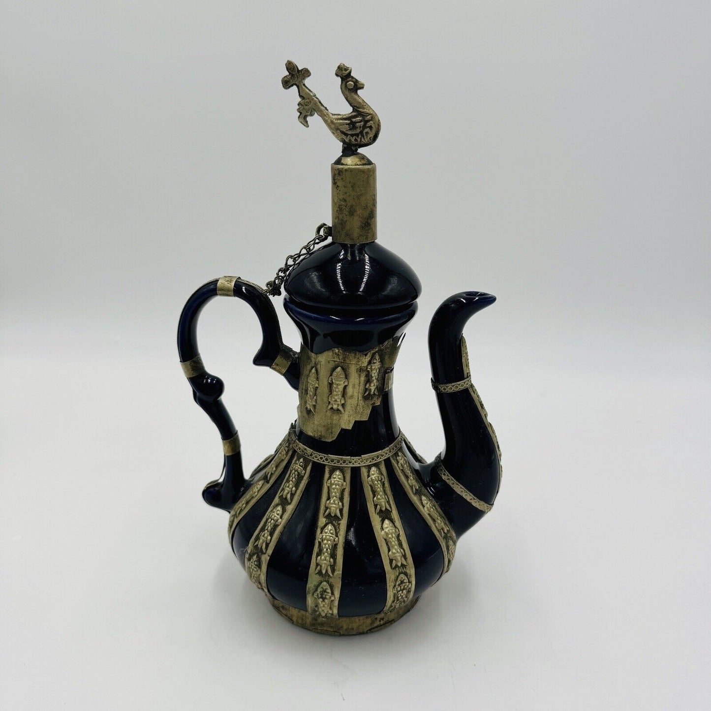 Antique Chinese Blue Cobalt Ornate Brass Design Teapot Porcelain