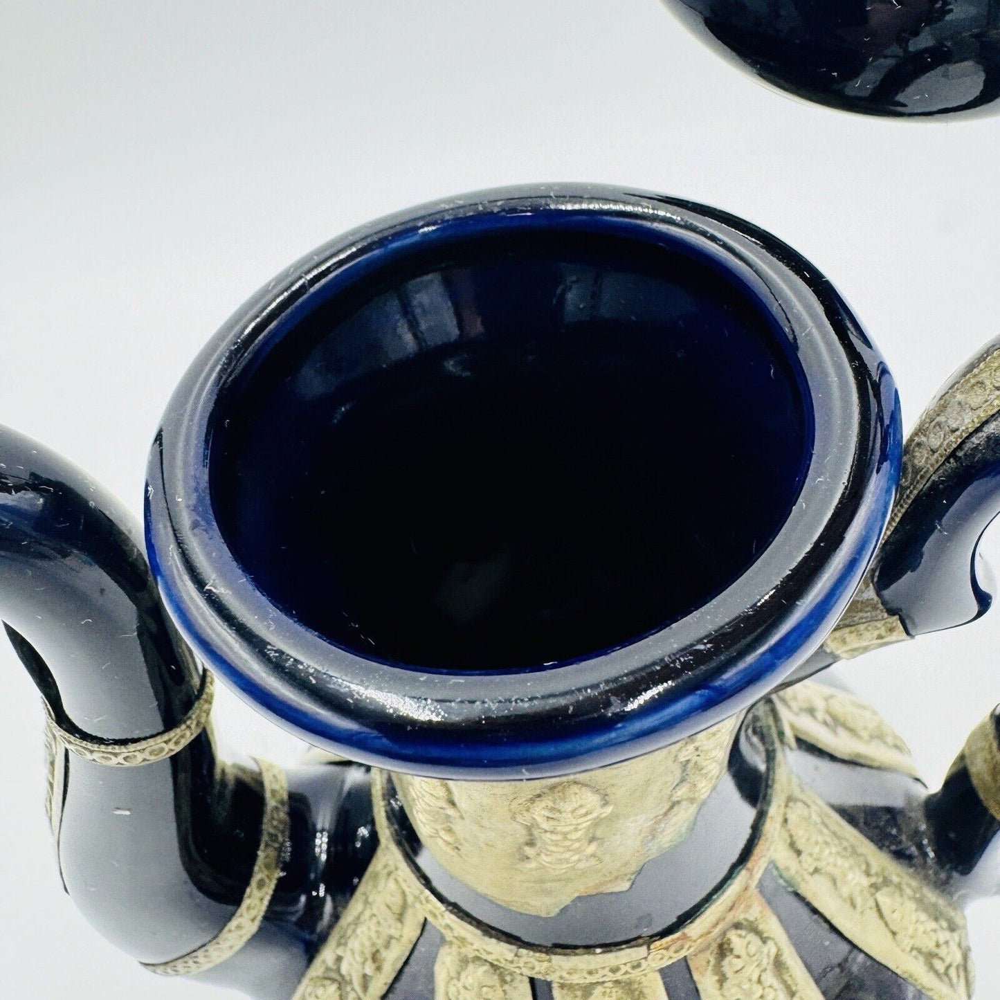 Antique Chinese Blue Cobalt Ornate Brass Design Teapot Porcelain