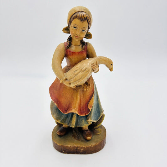 Girl Goose GermanWoodcarving by GG Lang sel Erben of Oberammergau Painted Figure