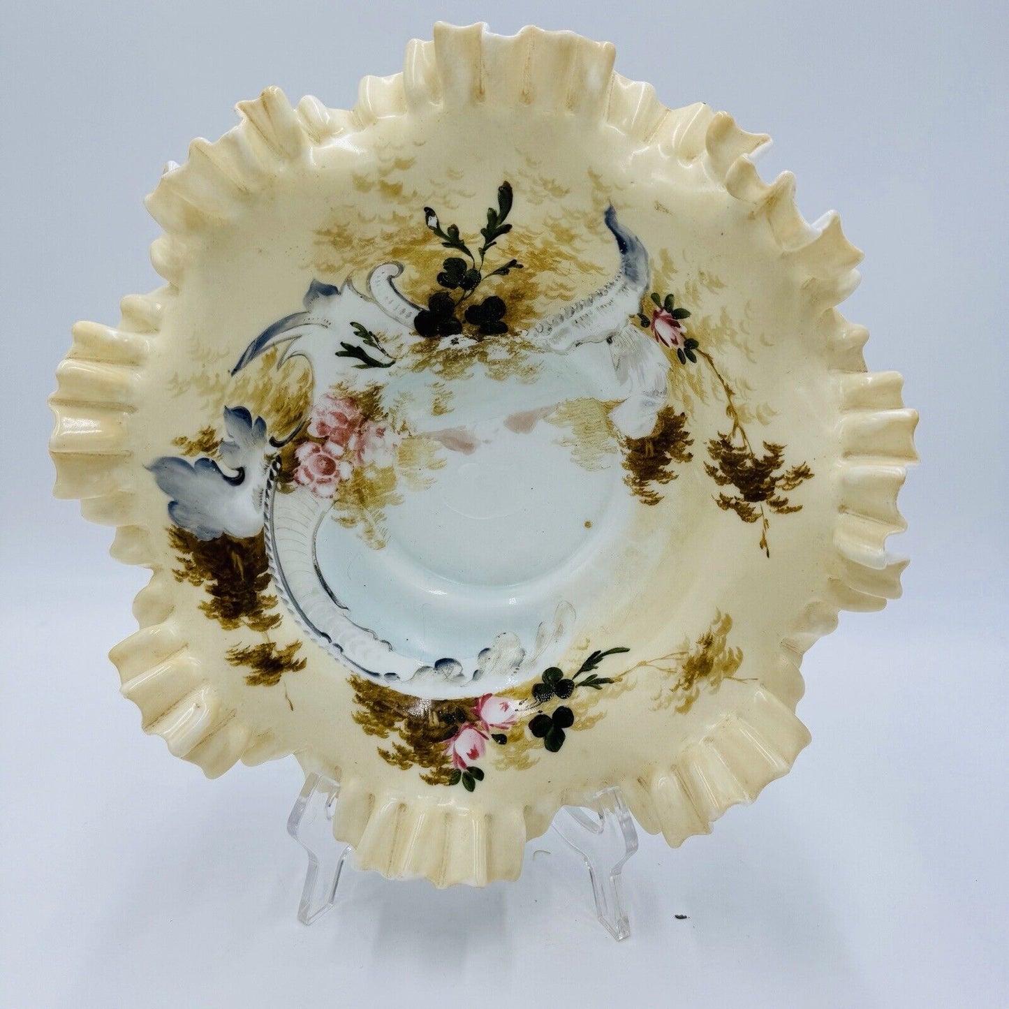 Antique Victorian Art Glass Ruffle Handpainted Bowl Large Floral