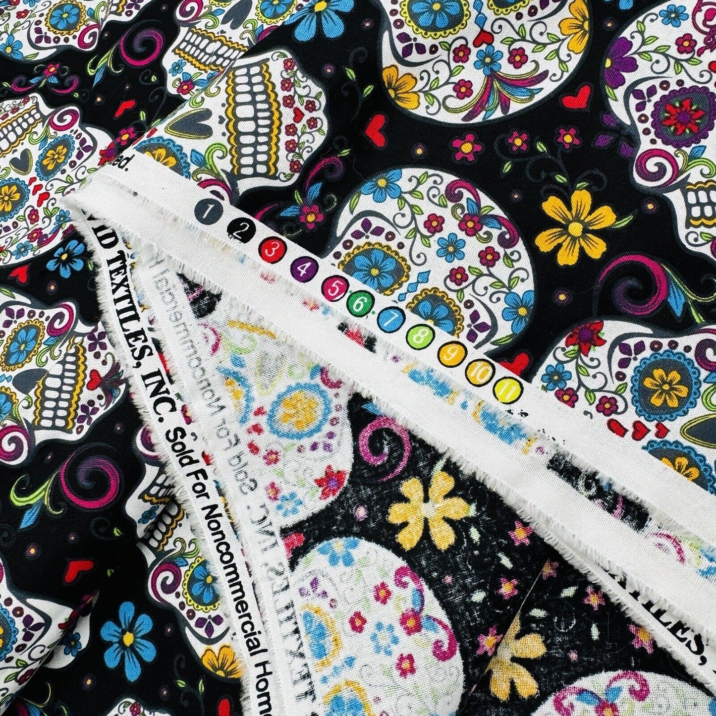 David Textiles Fabric Day of the Dead Skulls Black Colorful Floral 5.25 Yards L