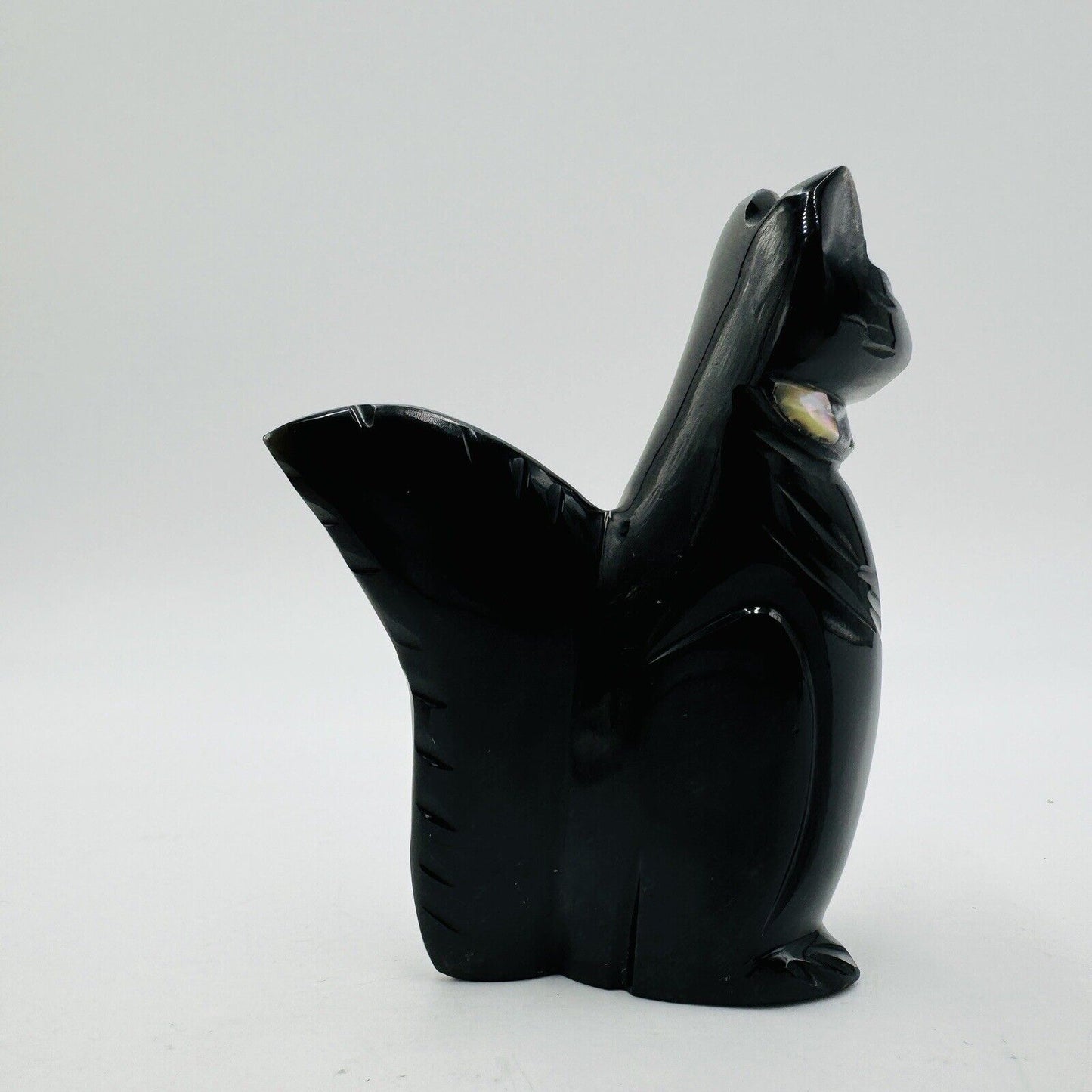 Carved Black Obsidian Cat Figurine W/ Abalone Ears, Gemstone Collar 3.5” Signed