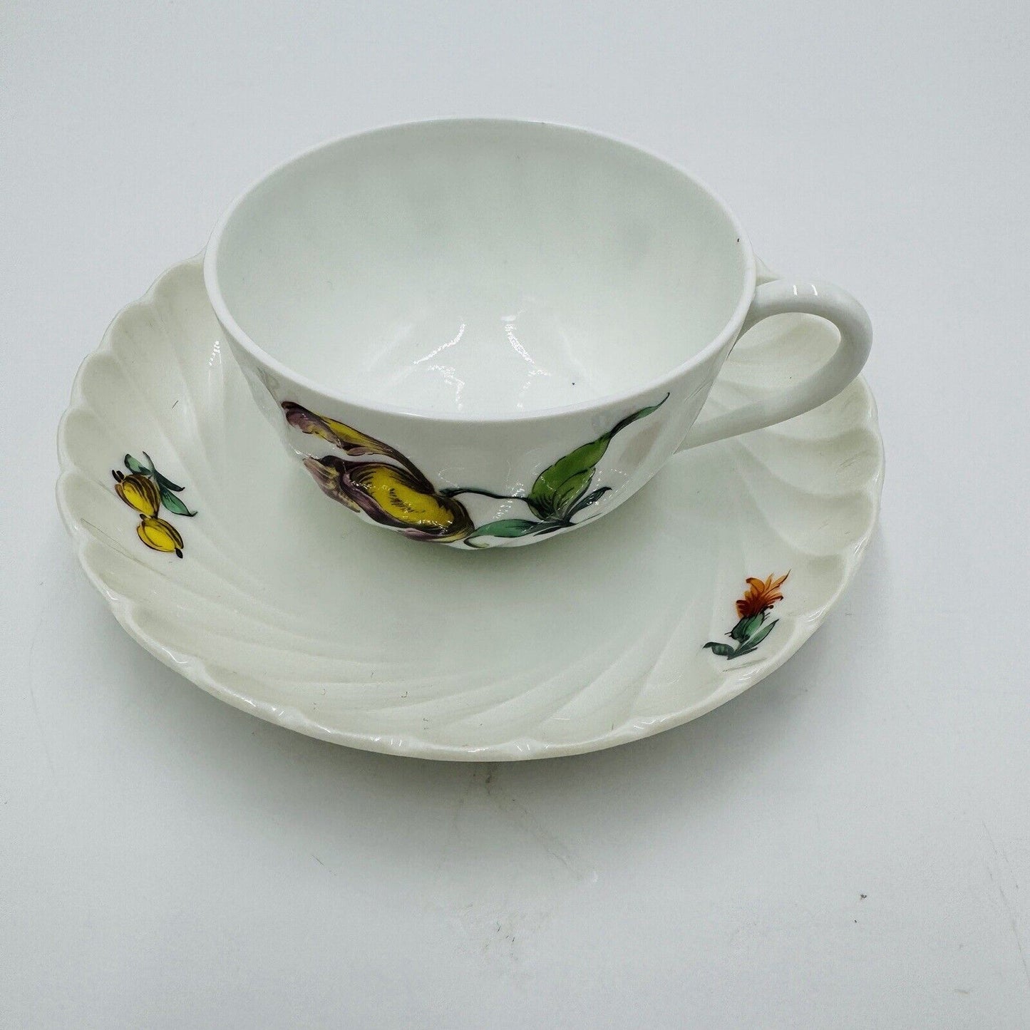 Antique Nymphenburg Porcelain Germany Welle Ribbed Teacup & Saucer 1632 Floral