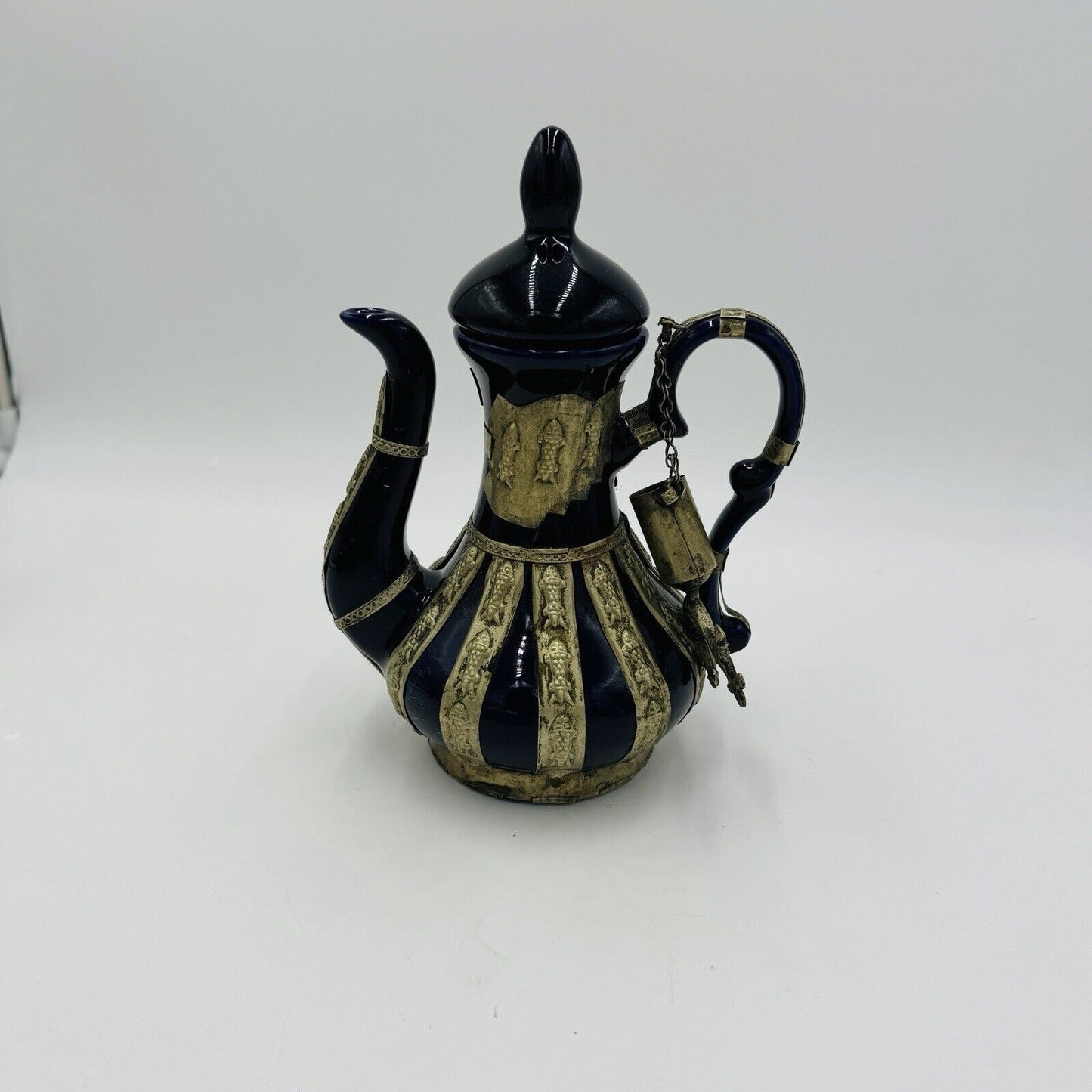 Antique Chinese Blue Cobalt Ornate Brass Design Teapot Porcelain