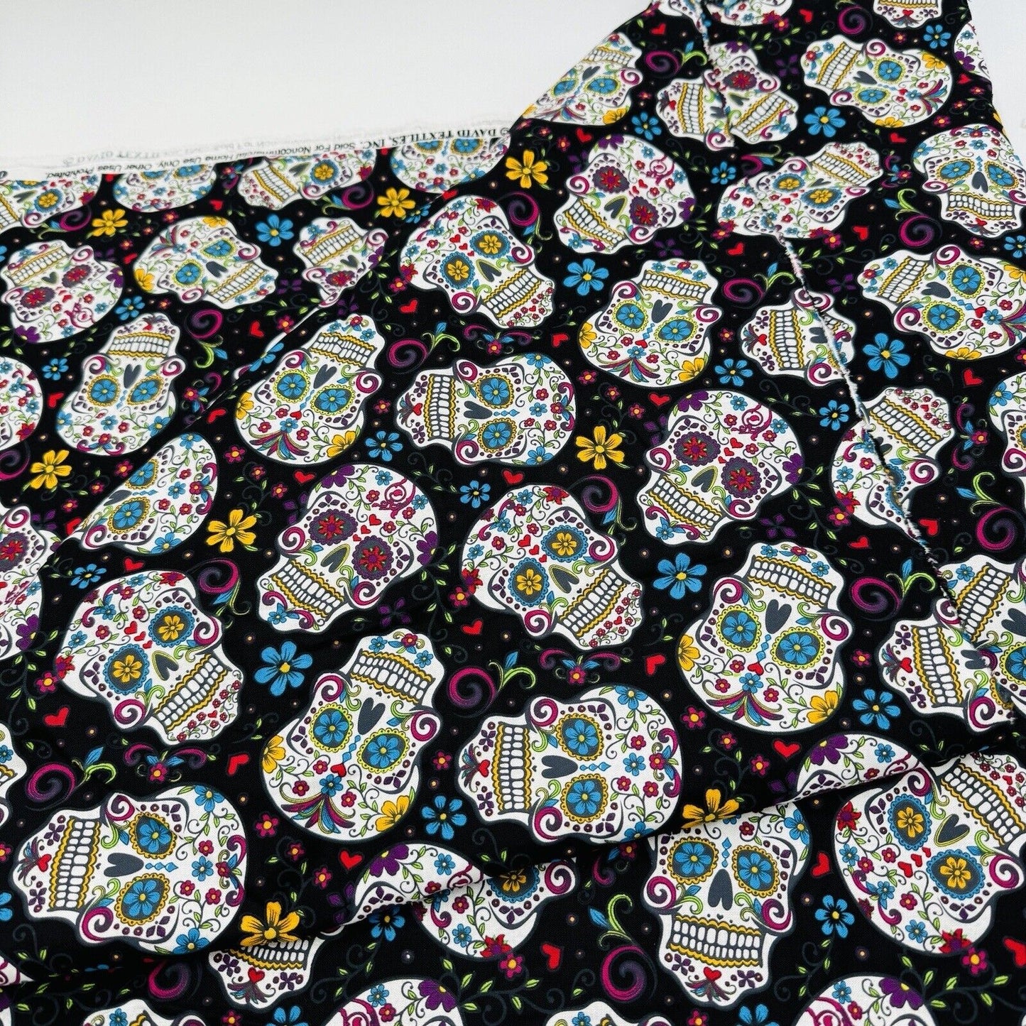 David Textiles Fabric Day of the Dead Skulls Black Colorful Floral 5.25 Yards L