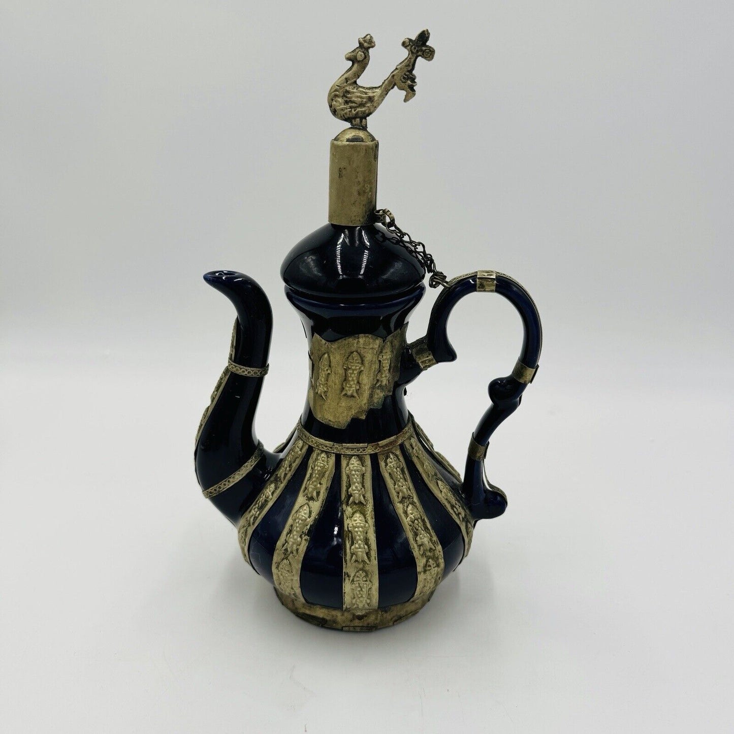 Antique Chinese Blue Cobalt Ornate Brass Design Teapot Porcelain