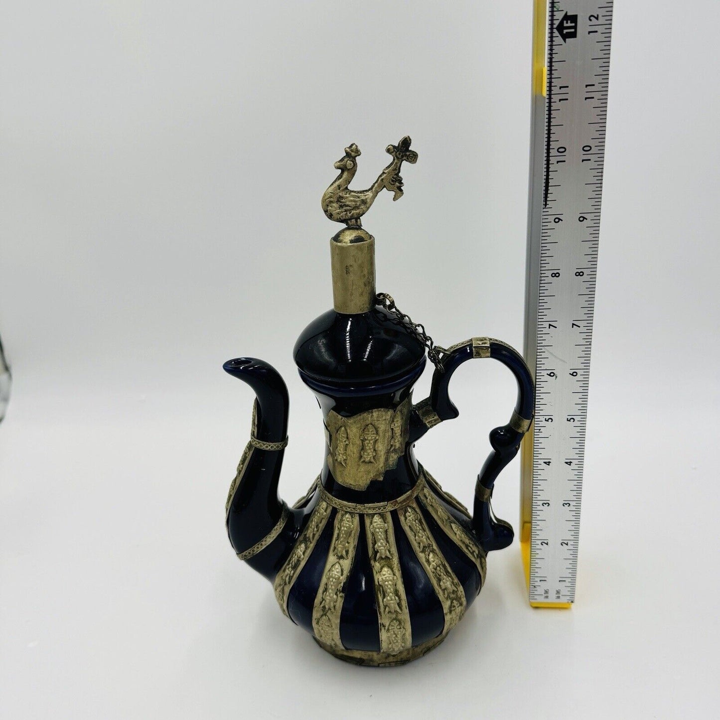 Antique Chinese Blue Cobalt Ornate Brass Design Teapot Porcelain