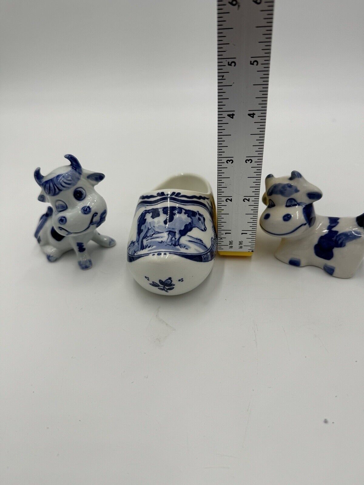 Royal Delft White & Blue Miniatures Cows Dutch Shoe Porcelain