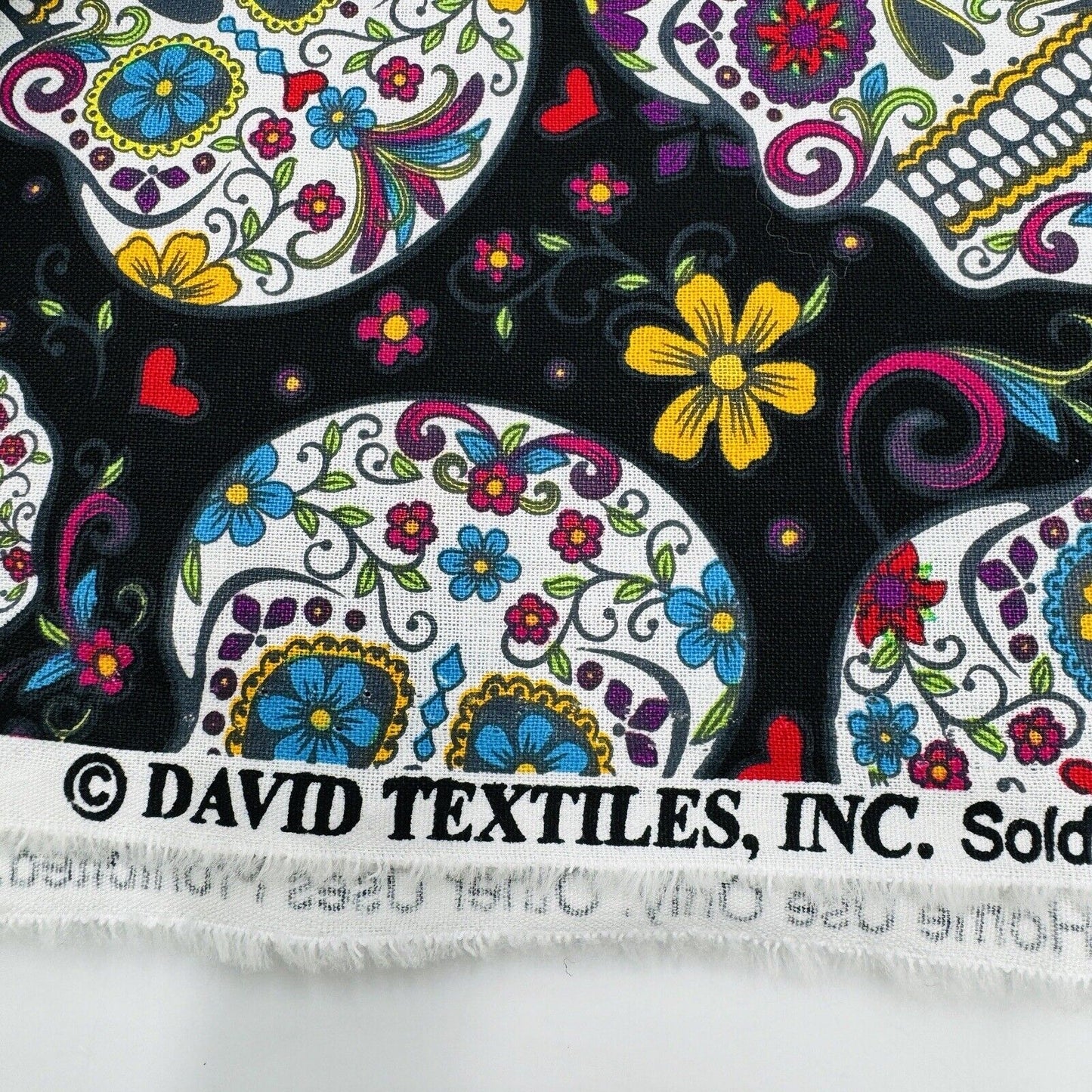 David Textiles Fabric Day of the Dead Skulls Black Colorful Floral 5.25 Yards L