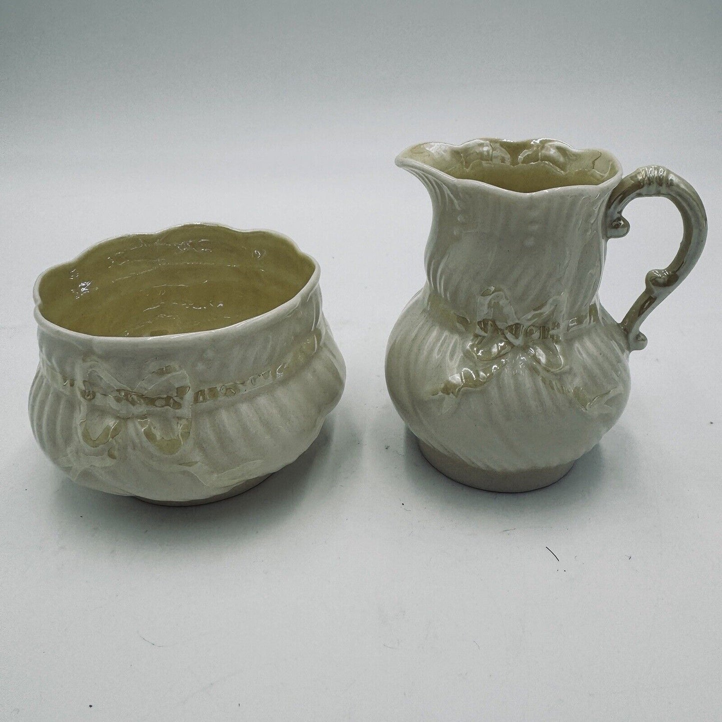 Belleek Yellow Ribbon Lustre Open Sugar & Creamer circa 1965 6th Green Porcelain