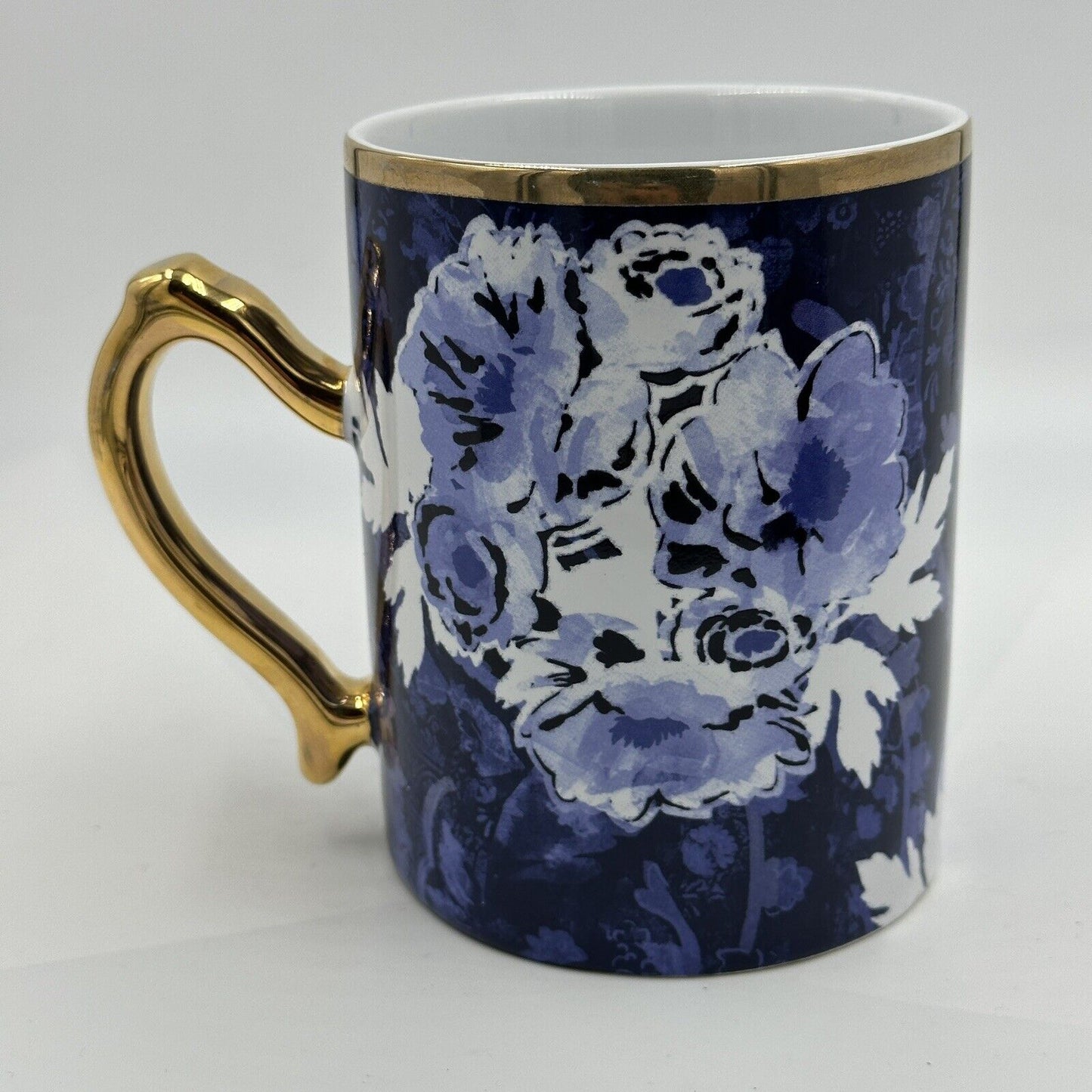 Hallmark Patina Vie Mug Blue and White Flower Gold Handle Cup Serveware Decor