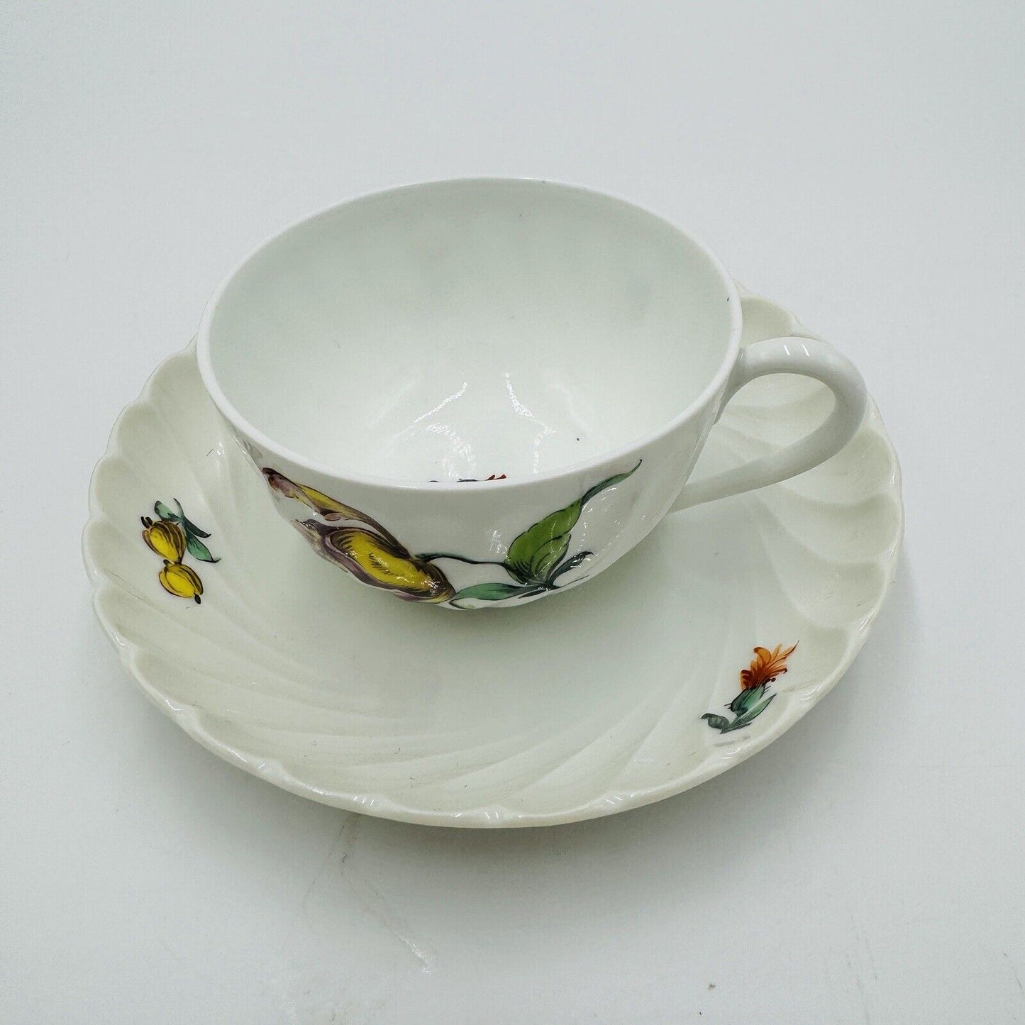 Antique Nymphenburg Porcelain Germany Welle Ribbed Teacup & Saucer 1632 Floral