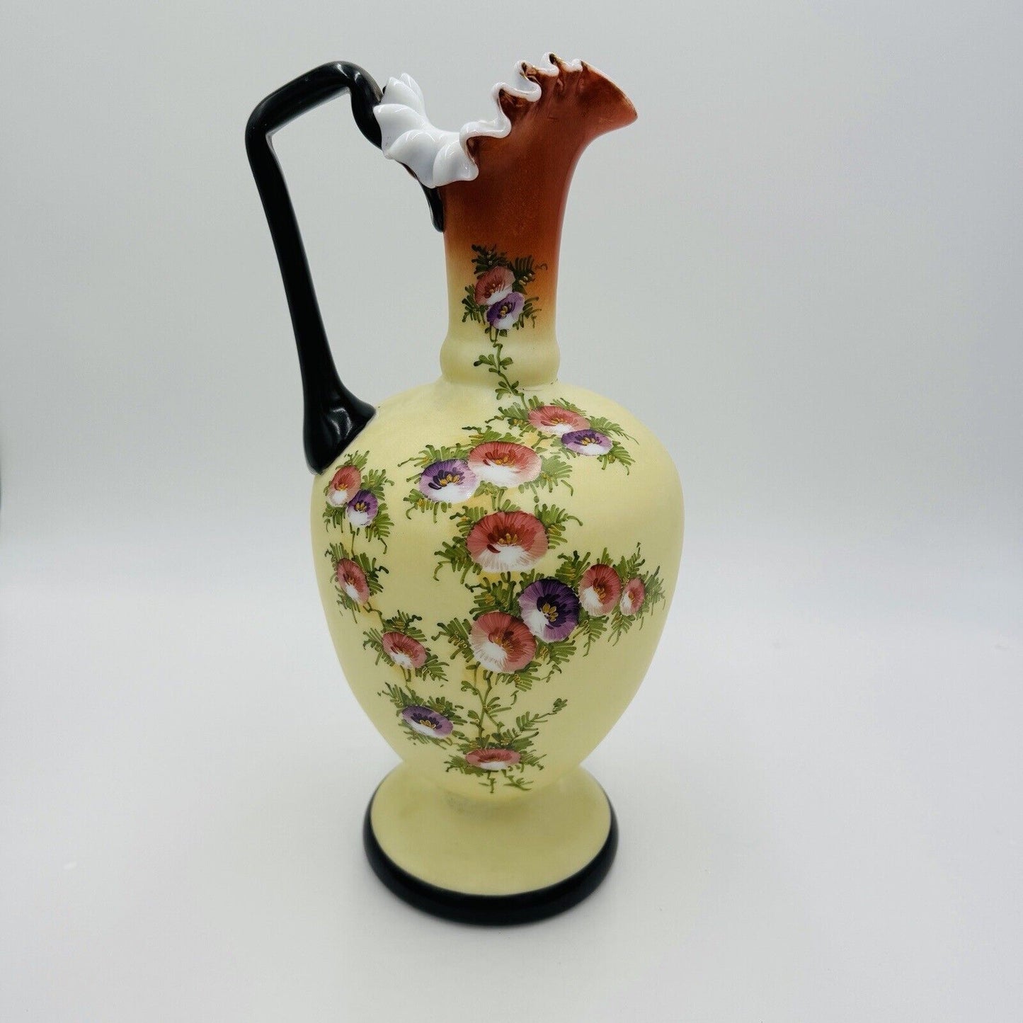 Antique Victorian BOHEMIAN HARRACH Opaline  Custard Enameled Glass Pitcher XIX