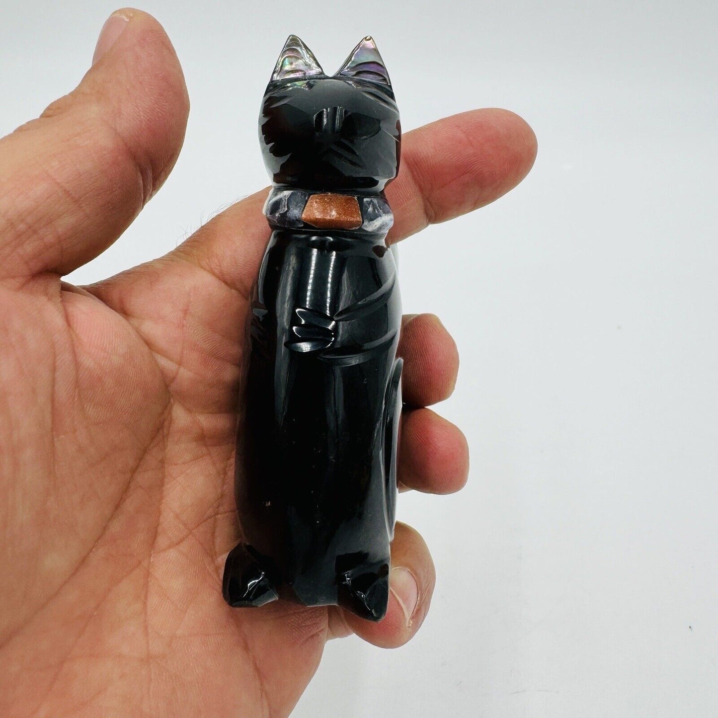 Carved Black Obsidian Cat Figurine W/ Abalone Ears, Gemstone Collar 3.5” Signed