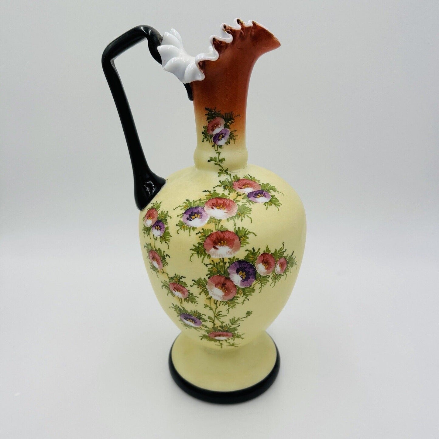 Antique Victorian BOHEMIAN HARRACH Opaline  Custard Enameled Glass Pitcher XIX