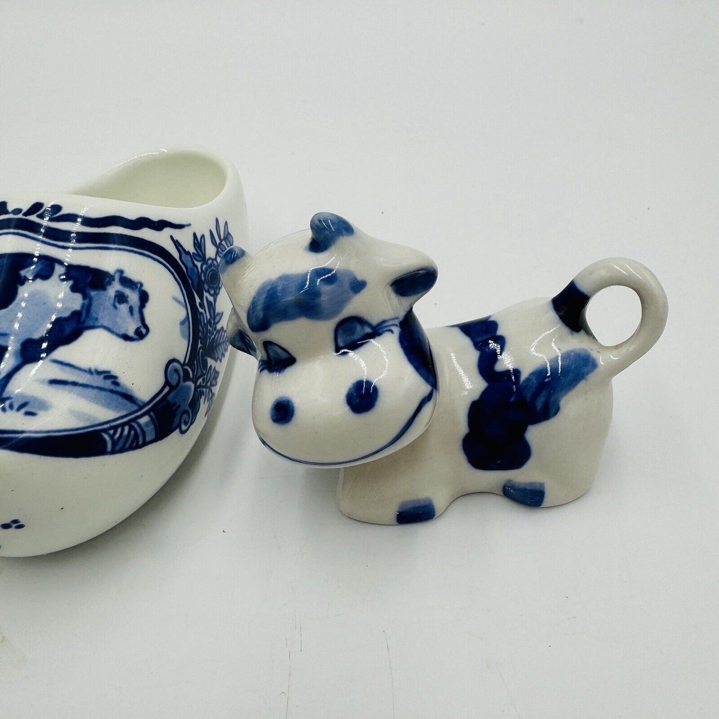 Royal Delft White & Blue Miniatures Cows Dutch Shoe Porcelain